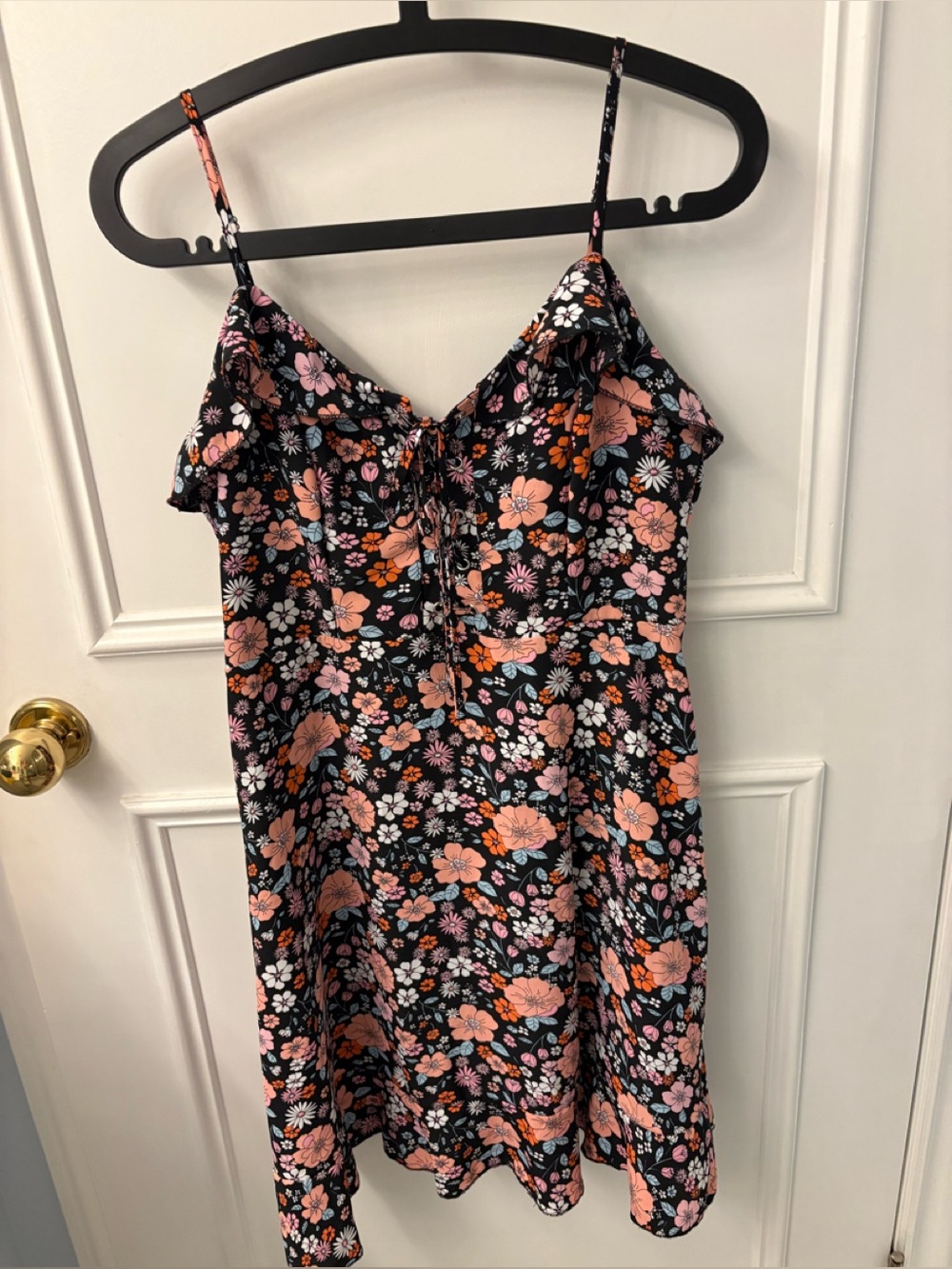 Floral Ruffled Dress in Black with Coral & Pink Flowers Fully Lined